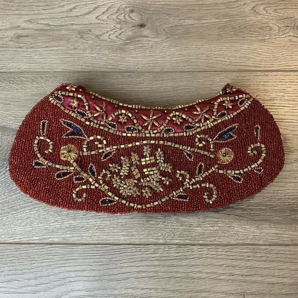 Unbranded Handbags - Beaded Purse Clutch Burgundy Satin Copper Gold Color Beads Zip Close, Strap Vtg